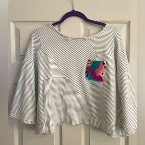Anthropologie Striped Embroidered Pocket Top